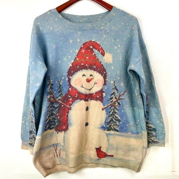 Womens Sweater Sz XL Wool Snowman Christmas Novelty Cottage Cabin Holiday Cozy - Picture 1 of 9